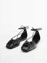 Load image into Gallery viewer, MASSIMO DUTI x Black Patent Faux Leather Strappy Flats (5.5)