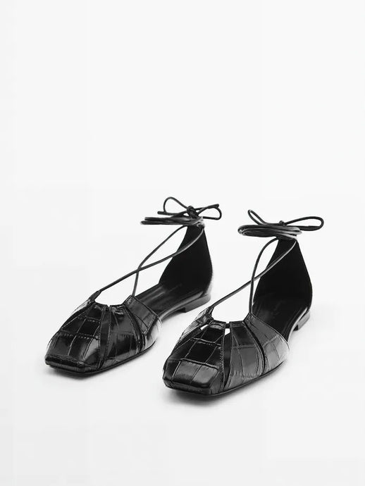 MASSIMO DUTI x Black Patent Faux Leather Strappy Flats (5.5)