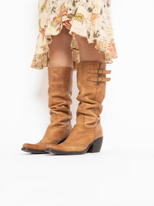 Vintage x ARNOLD CHURGIN Tan Leather Slouched Cowboy Boot (7.5-8.5)