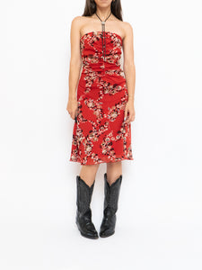 Vintage x Made in Canada x LE CHATEAU Red Floral Tube Dress (M)