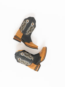 Vintage x Black, Tan Leather Embroidered Cowboy Boot (7.5, 8)