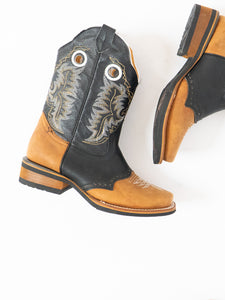 Vintage x Black, Tan Leather Embroidered Cowboy Boot (7.5, 8)
