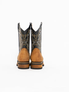 Vintage x Black, Tan Leather Embroidered Cowboy Boot (7.5, 8)