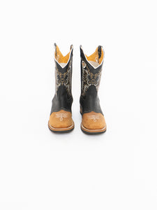 Vintage x Black, Tan Leather Embroidered Cowboy Boot (7.5, 8)