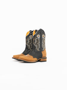 Vintage x Black, Tan Leather Embroidered Cowboy Boot (7.5, 8)