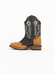 Vintage x Black, Tan Leather Embroidered Cowboy Boot (7.5, 8)