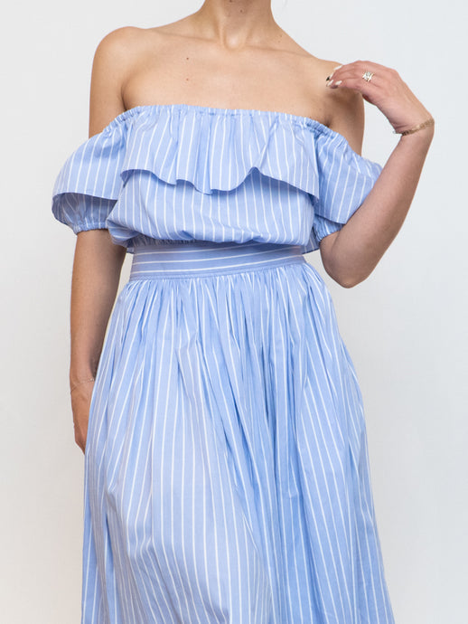 MIU MIU x Blue Pin-stripe Off-shoulder Dress (M, L)