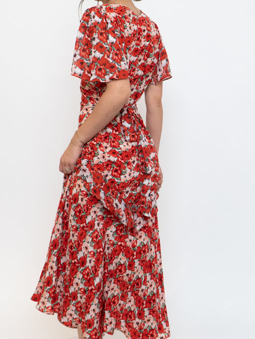 RIXO LONDON x Red Floral Silk Back-tie Dress (S, M)