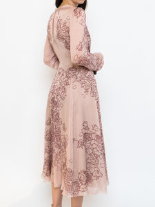 THE FOLD x Blush, Burgundy Floral Delicate Silk Dress (S, M)