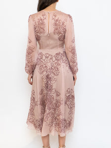 THE FOLD x Blush, Burgundy Floral Delicate Silk Dress (S, M)
