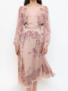 THE FOLD x Blush, Burgundy Floral Delicate Silk Dress (S, M)