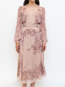 THE FOLD x Blush, Burgundy Floral Delicate Silk Dress (S, M)