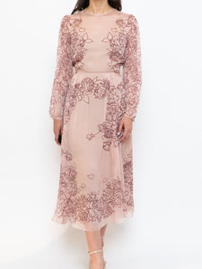 THE FOLD x Blush, Burgundy Floral Delicate Silk Dress (S, M)