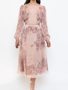THE FOLD x Blush, Burgundy Floral Delicate Silk Dress (S, M)