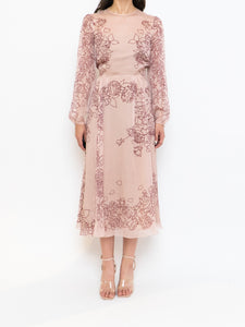 THE FOLD x Blush, Burgundy Floral Delicate Silk Dress (S, M)