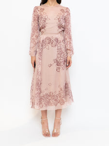 THE FOLD x Blush, Burgundy Floral Delicate Silk Dress (S, M)
