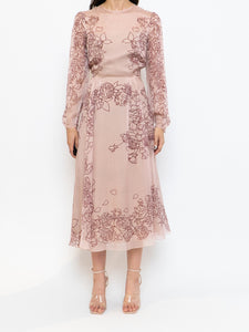 THE FOLD x Blush, Burgundy Floral Delicate Silk Dress (S, M)