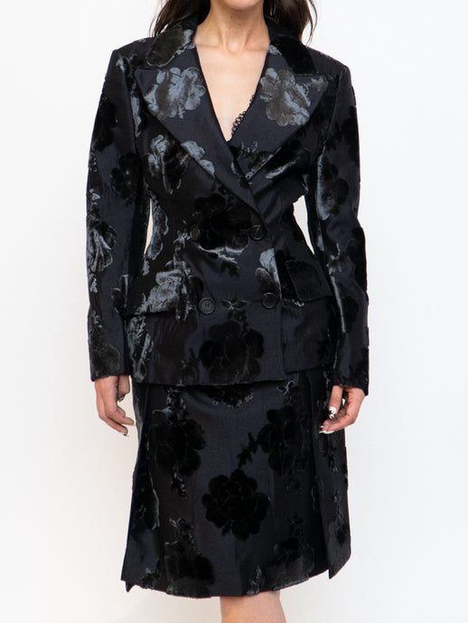 PRADA x Black Velvet Floral Blazer, Skirt Set (S)