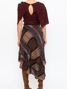 Vintage x Silk &Wool Burgundy, Brown Plaid Tiered Asymetric Skirt (XS-M)