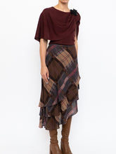 Load image into Gallery viewer, Vintage x Silk &amp;Wool Burgundy, Brown Plaid Tiered Asymetric Skirt (XS-M)