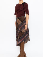 Load image into Gallery viewer, Vintage x Silk &amp;Wool Burgundy, Brown Plaid Tiered Asymetric Skirt (XS-M)