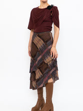Load image into Gallery viewer, Vintage x Silk &amp;Wool Burgundy, Brown Plaid Tiered Asymetric Skirt (XS-M)