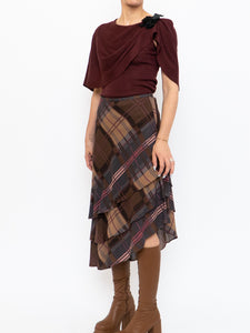 Vintage x Silk &Wool Burgundy, Brown Plaid Tiered Asymetric Skirt (XS-M)