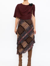 Load image into Gallery viewer, Vintage x Silk &amp;Wool Burgundy, Brown Plaid Tiered Asymetric Skirt (XS-M)