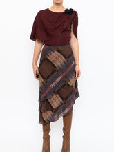 Load image into Gallery viewer, Vintage x Silk &amp;Wool Burgundy, Brown Plaid Tiered Asymetric Skirt (XS-M)