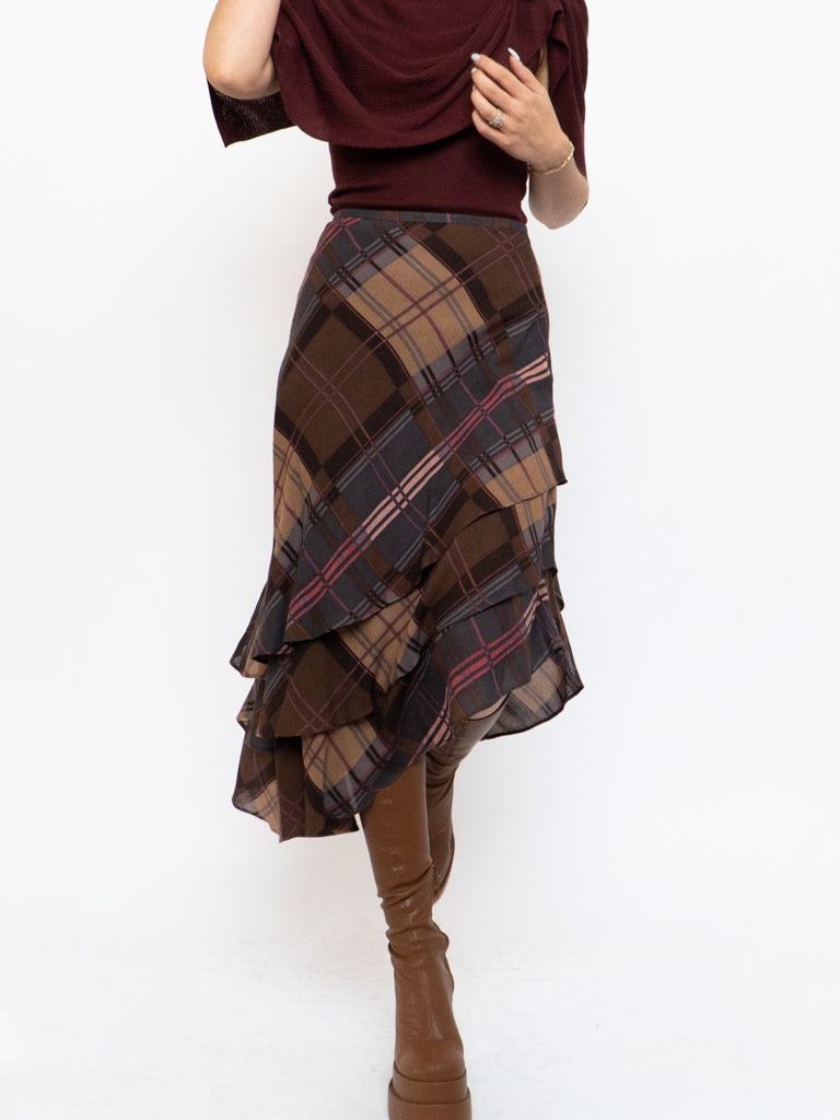 Vintage x Silk &Wool Burgundy, Brown Plaid Tiered Asymetric Skirt (XS-M)