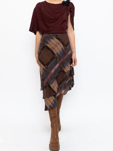 Vintage x Silk &Wool Burgundy, Brown Plaid Tiered Asymetric Skirt (XS-M)