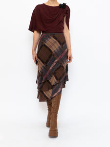 Vintage x Silk &Wool Burgundy, Brown Plaid Tiered Asymetric Skirt (XS-M)