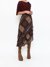 Load image into Gallery viewer, Vintage x Silk &amp;Wool Burgundy, Brown Plaid Tiered Asymetric Skirt (XS-M)