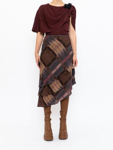 Vintage x Silk &Wool Burgundy, Brown Plaid Tiered Asymetric Skirt (XS-M)
