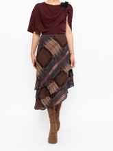 Load image into Gallery viewer, Vintage x Silk &amp;Wool Burgundy, Brown Plaid Tiered Asymetric Skirt (XS-M)