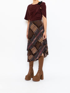 Vintage x Silk &Wool Burgundy, Brown Plaid Tiered Asymetric Skirt (XS-M)