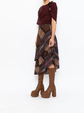 Load image into Gallery viewer, Vintage x Silk &amp;Wool Burgundy, Brown Plaid Tiered Asymetric Skirt (XS-M)