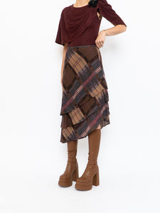 Vintage x Silk &Wool Burgundy, Brown Plaid Tiered Asymetric Skirt (XS-M)