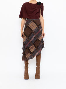 Vintage x Silk &Wool Burgundy, Brown Plaid Tiered Asymetric Skirt (XS-M)
