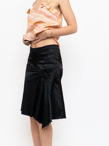 Vintage x Made in USA x Black Satin Bunched Midi Skirt (S)