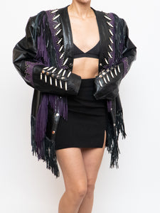Vintage x Black, Purple Genuine Leather Beaded Fringe Jacket (M-XL)