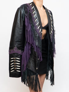 Vintage x Black, Purple Genuine Leather Beaded Fringe Jacket (M-XL)