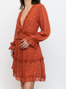 Modern x Frilly Burnt Orange Star Patterned Mini Dress (S)