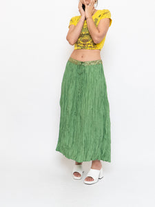 Vintage x Shiny Green Silk Ribbed Sequin Maxi Skirt (S, M)