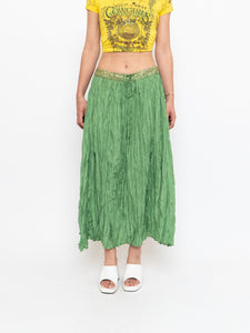 Vintage x Shiny Green Silk Ribbed Sequin Maxi Skirt (S, M)