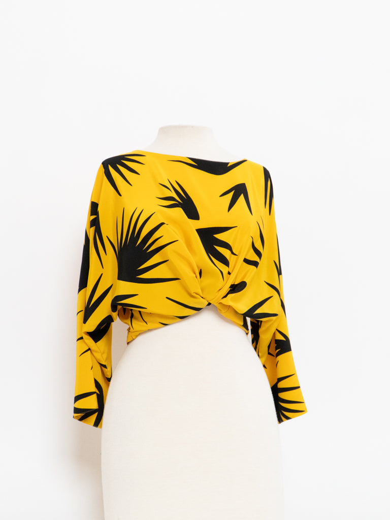Vintage x Made in Hong Kong x Yellow Silk-feel Palm Tree Top (XS-M)