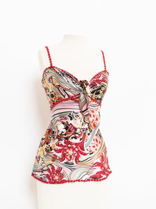 Vintage x Red Floral Silk Bow Tank (M)