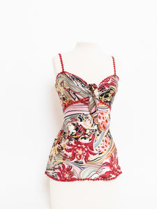 Vintage x Red Floral Silk Bow Tank (M)