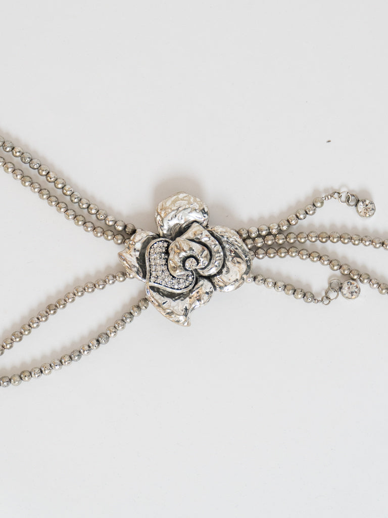 Layered Silver Bead Chunky Rose Necklace