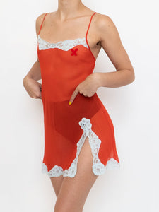 Vintage x Red & White Lace & Silk Sheer Dress (XS, S)